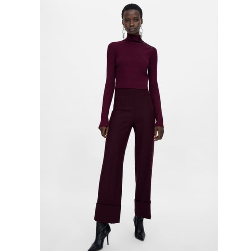 Zara cropped burgundy sweater w buttons up neck
